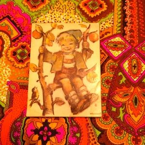 Hummel 1960s Vintage Small Plaque Boy Tree Bird Made in Germany